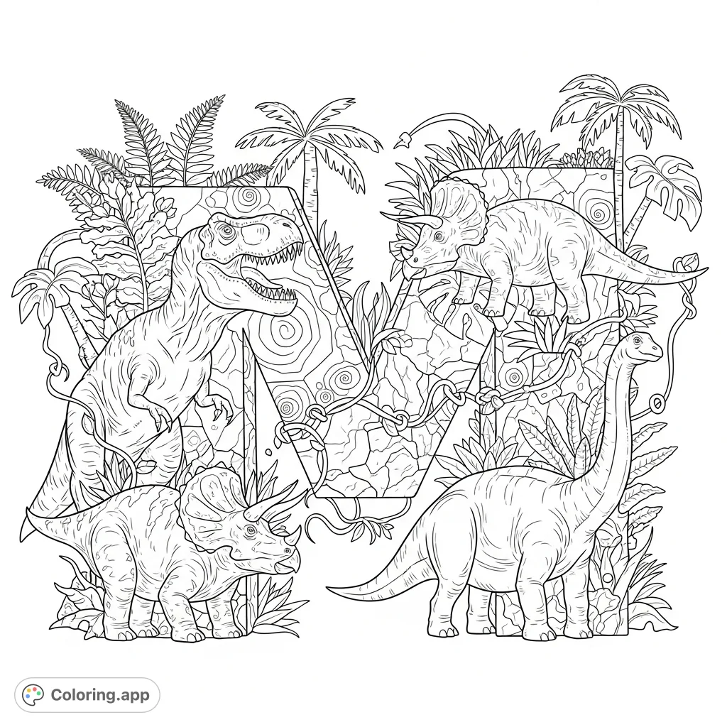 An ornate letter M adorned with detailed dinosaurs and lush prehistoric flora. A captivating scene for a unique dinosaur-themed coloring page.
