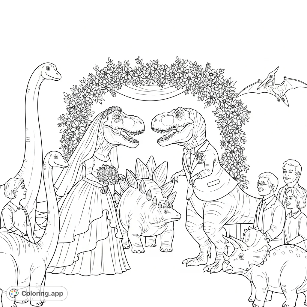 A delightful prehistoric wedding scene featuring a T-Rex bride and groom, a Stegosaurus officiant, and dinosaur guests under a floral arch. A unique and fun dinosaur coloring page!
