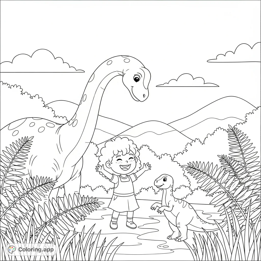 A charming dinosaur coloring page featuring a little girl happily playing with two friendly dinosaurs in a lush, prehistoric setting. Perfect for young adventurers!