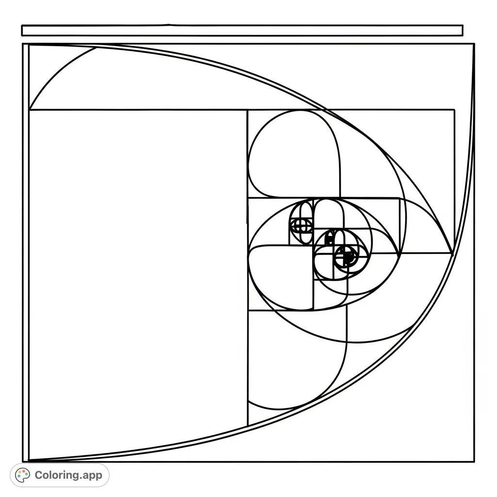 Explore the beauty of mathematics with this golden ratio coloring page. A precise geometric spiral unfolds within nested rectangles and squares.