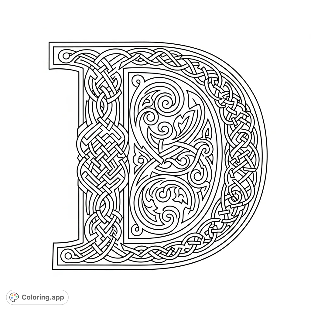 An ornate capital 'D' adorned with elaborate Celtic knotwork and medieval patterns. A captivating, intricate design for colorists of all levels.
