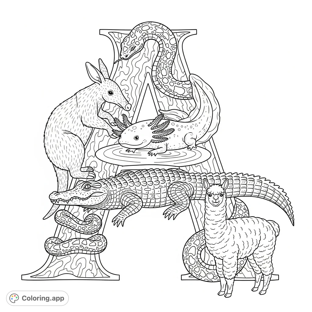 Explore an intricate letter 'A' coloring page, featuring detailed aardvark, axolotl, alligator, alpaca, and anaconda. Perfect for animal and alphabet lovers!