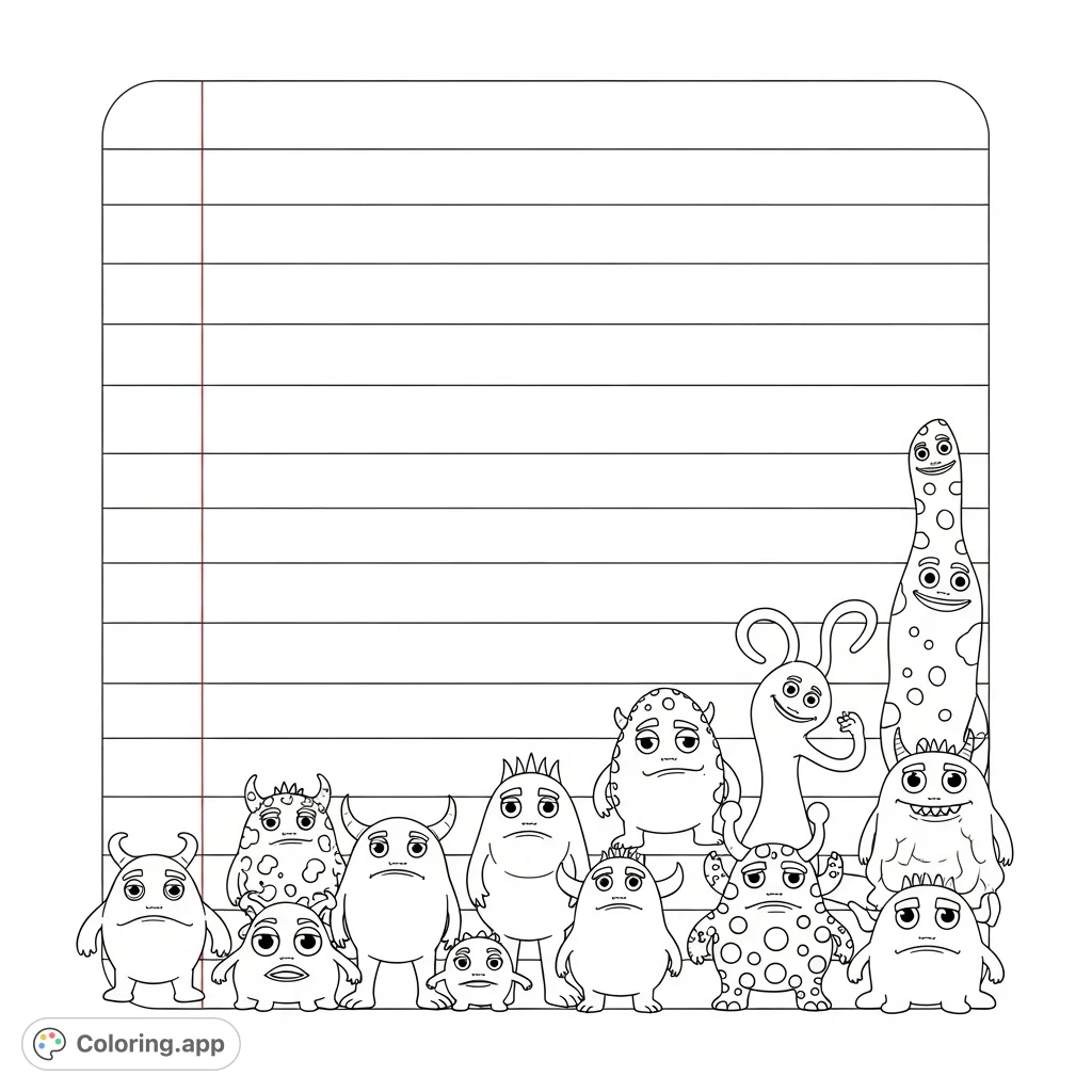 A whimsical lined notebook coloring page featuring a playful cluster of 'Tony' monsters with diverse shapes and expressions peeking from the bottom and side.