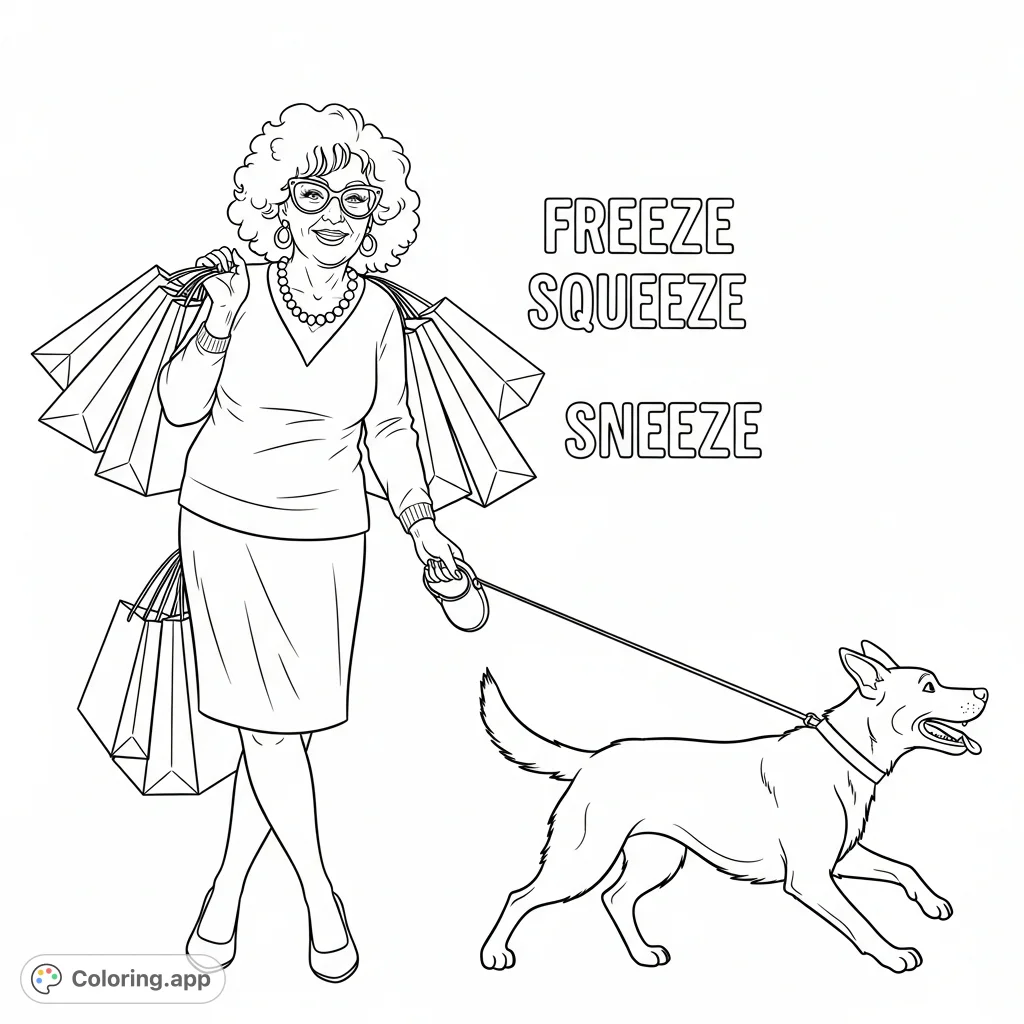A humorous coloring page featuring a middle-aged woman with curly hair and glasses, balancing shopping bags while her large dog enthusiastically pulls on its leash.