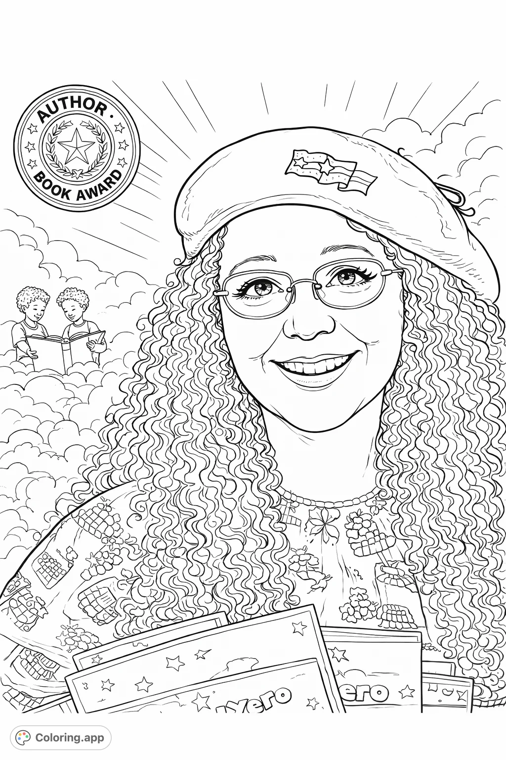 A joyful author with curly hair and glasses, holding her books, surrounded by clouds, radiating light, and an author's award, inspiring young readers.