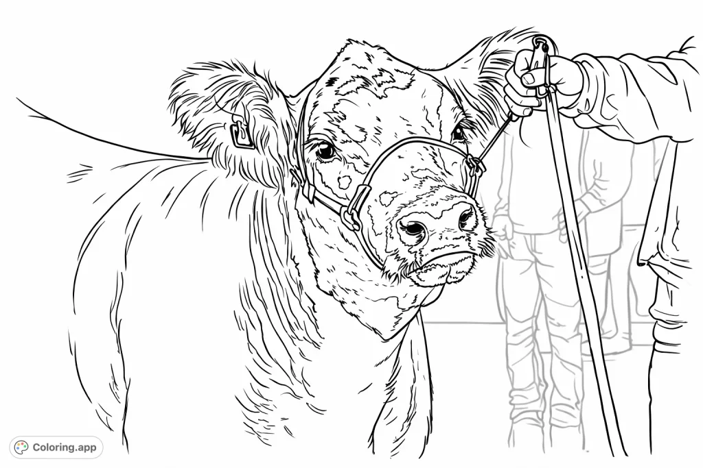 Detailed coloring page of a spotted dairy cow wearing a halter, gently guided by a hand. Explore intricate fur textures and unique facial markings.