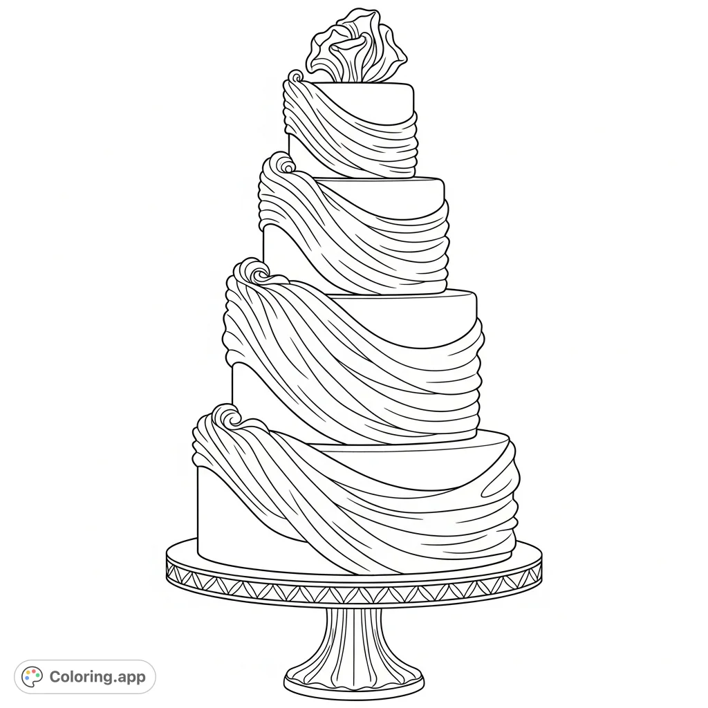 Indulge in the beauty of an elegant ruffle cake coloring page. This intricate dessert features cascading ruffles on multiple tiers, perfect for detailed coloring.