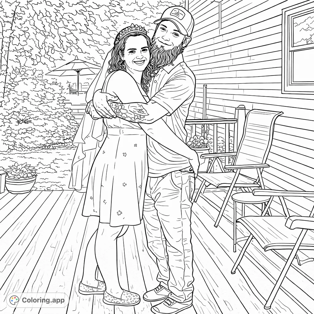 A heartwarming scene of a couple embracing on an outdoor deck. Features intricate details of clothing, tattoos, and a detailed background.