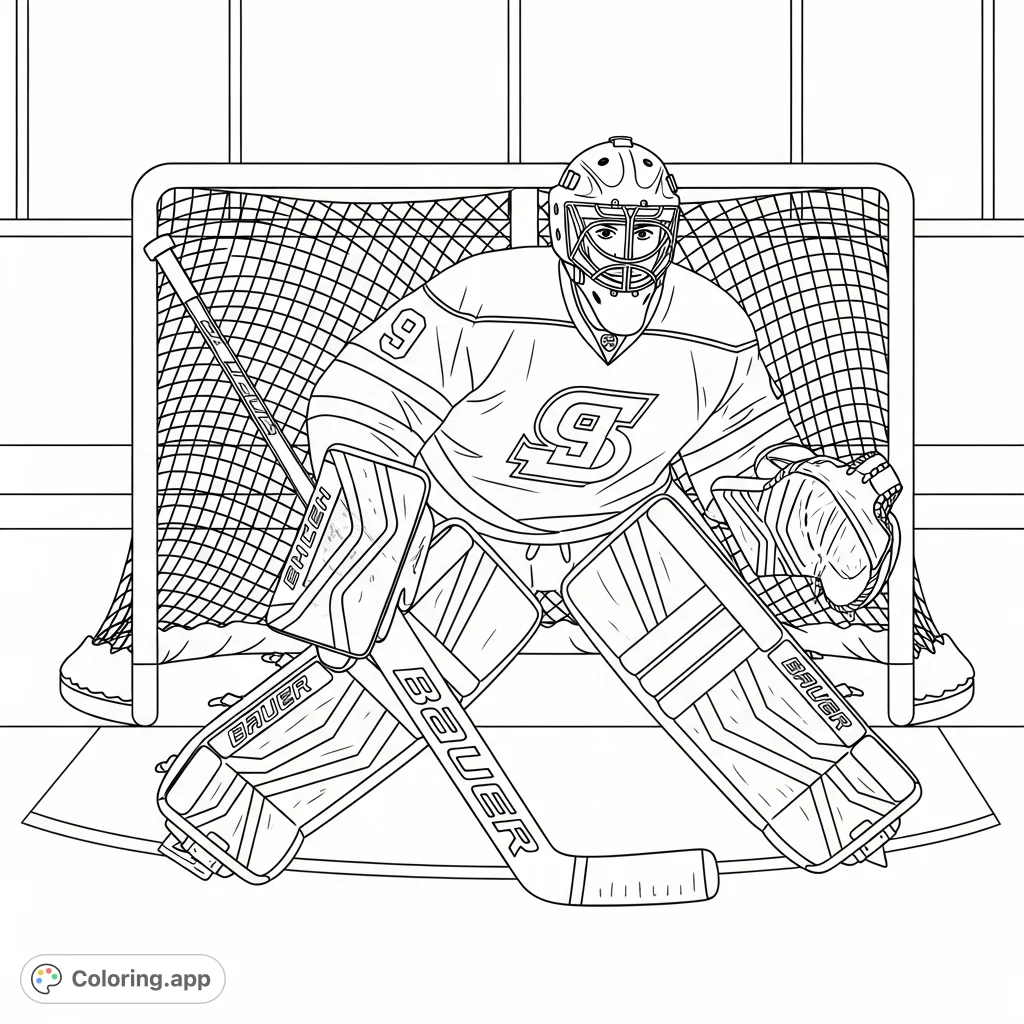 Dynamic hockey goalie in full protective gear, poised for action on the ice. A detailed athletic scene perfect for sports fans and aspiring athletes.