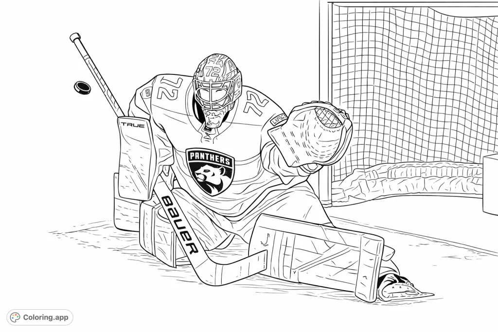 Dynamic ice hockey goalie in full gear making a save. Intricate details on helmet, pads, and puck in action.