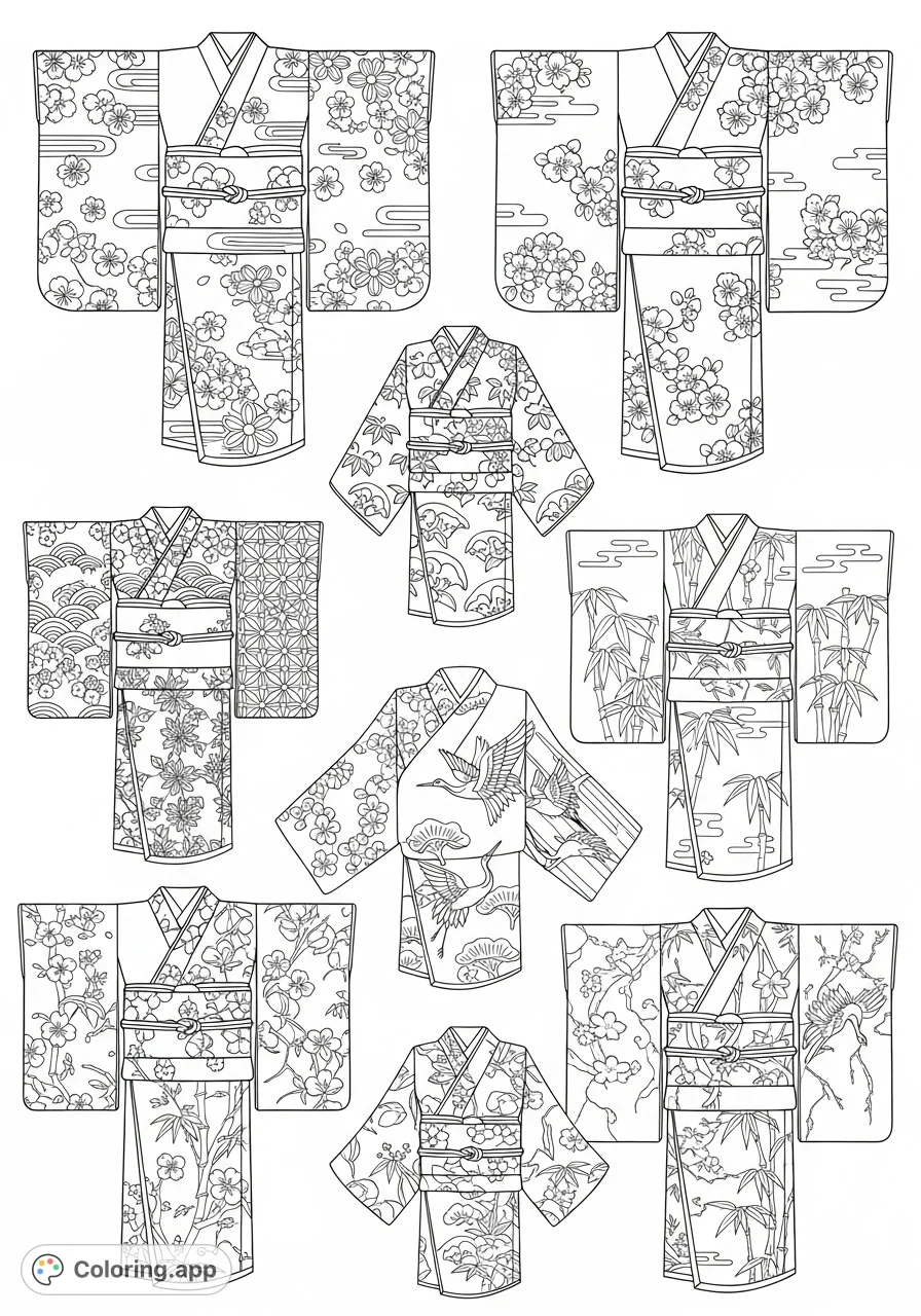 Explore a stunning collection of traditional kimono designs. Featuring intricate patterns like cherry blossoms, cranes, and geometric motifs, perfect for cultural expression.