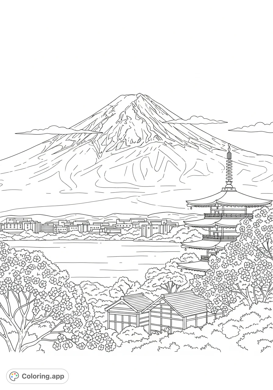 Experience the tranquility of a Japanese landscape featuring majestic Mt Fuji, a serene lake, delicate cherry blossoms, and a traditional pagoda. A peaceful coloring page.