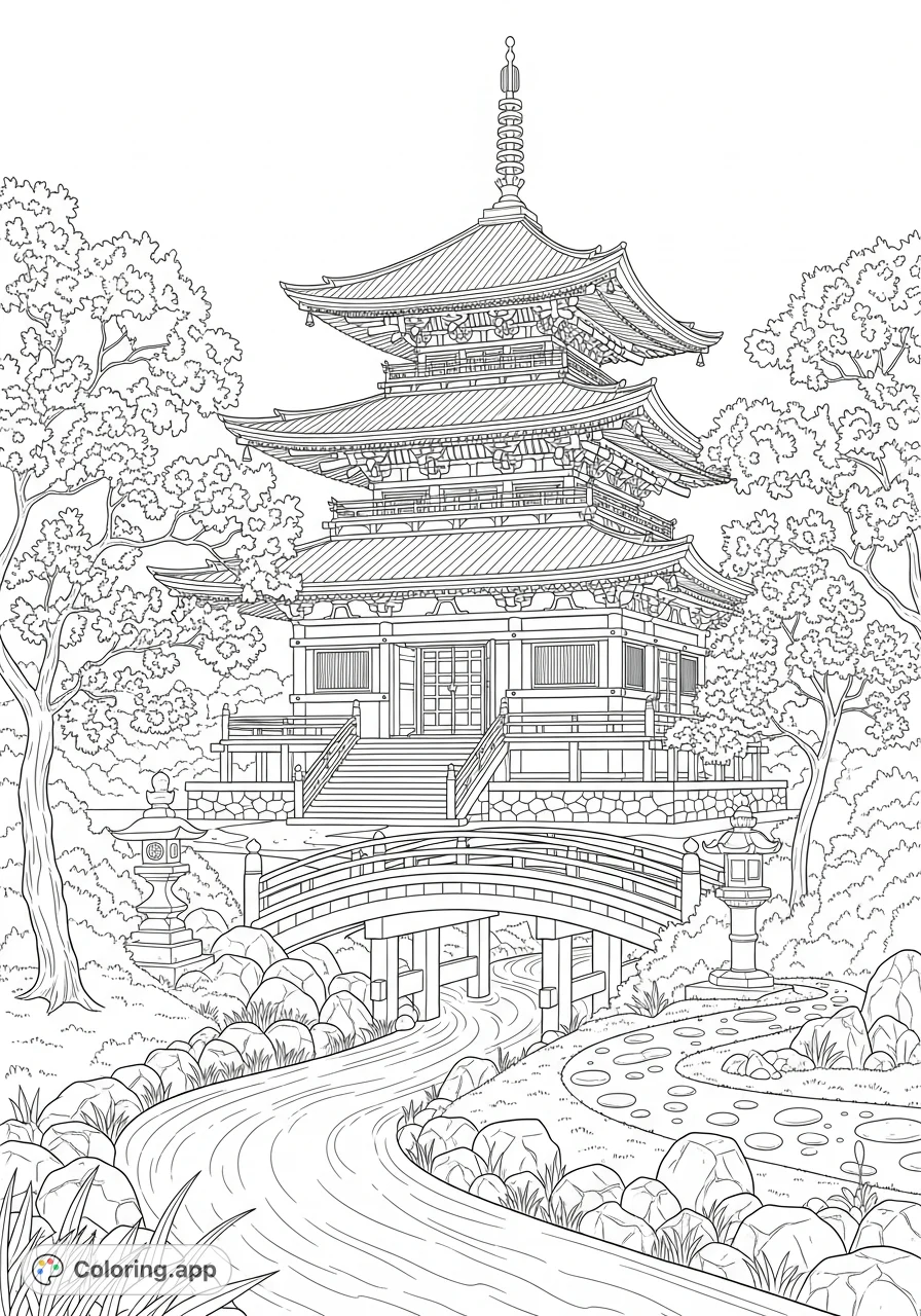 Discover tranquility with this traditional Japanese temple coloring page, surrounded by lush nature, an arched bridge, and delicate blossoms.