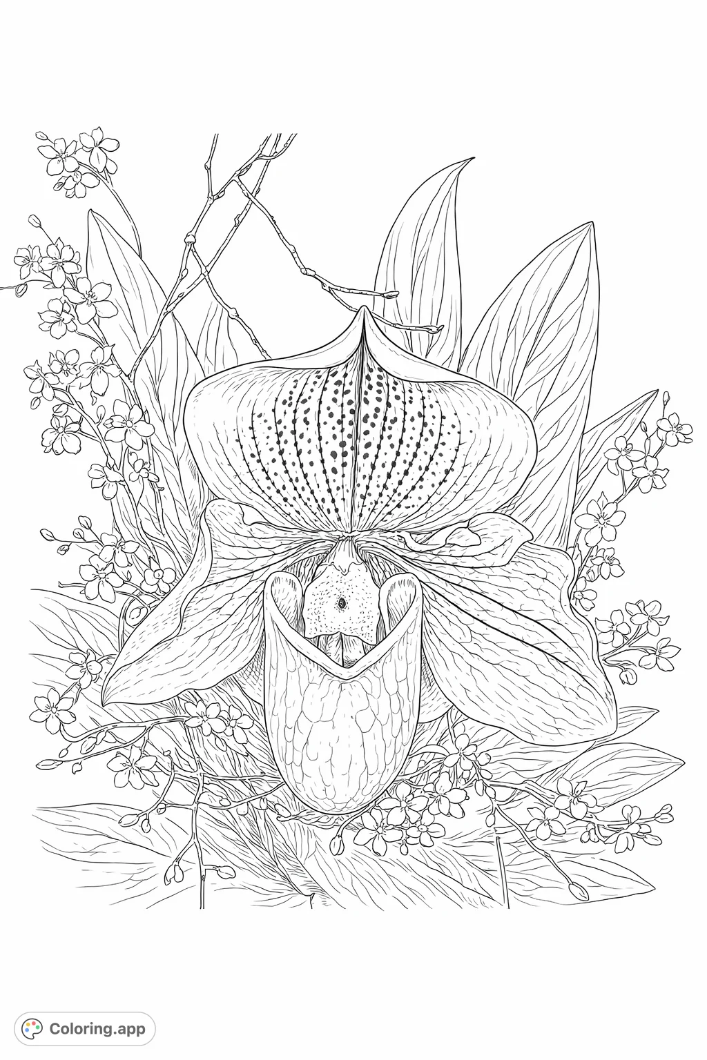 Discover a stunning slipper orchid coloring page, a free printable offering intricate details of a unique bloom amidst delicate floral arrangements for detailed coloring.