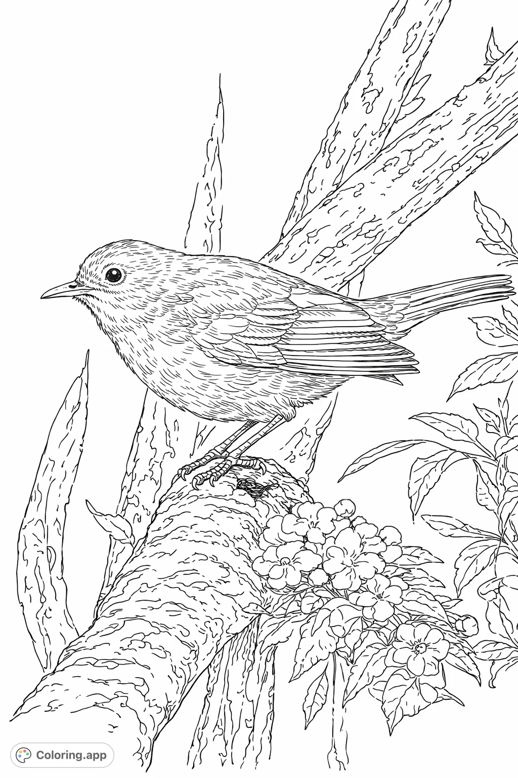 Discover the delicate beauty of nature with this detailed bird on branch coloring page. Realistic feathers and a serene forest setting await your creative touch.