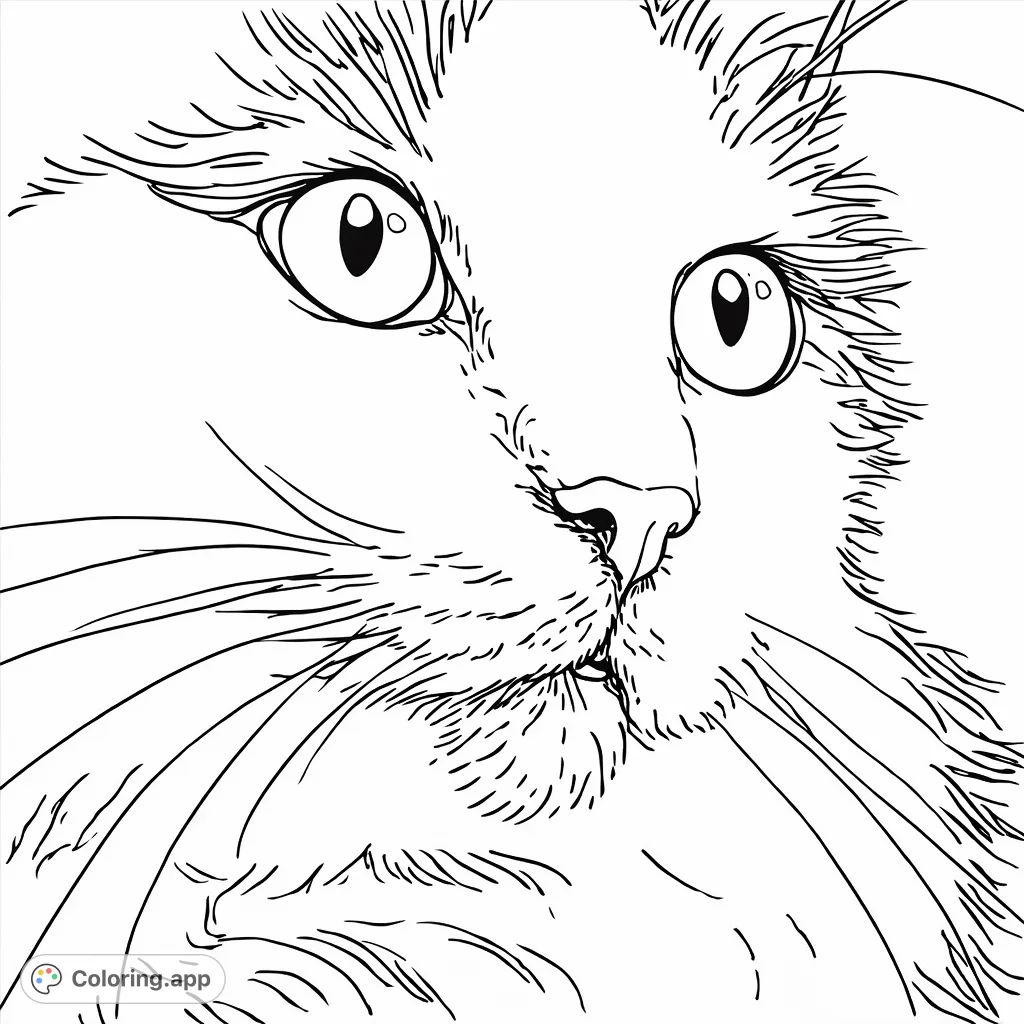 A detailed close-up of a cat's face, highlighting its large expressive eyes, delicate nose, and long whiskers. Perfect for feline enthusiasts to color.