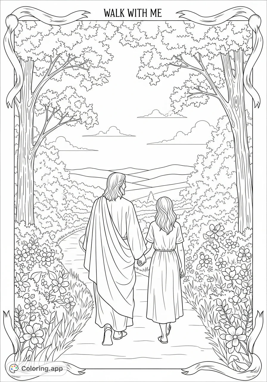 A tranquil coloring page featuring Christ and a young woman walking a path, viewed from behind. Includes the encouraging words "Walk with Me" amidst natural scenery.