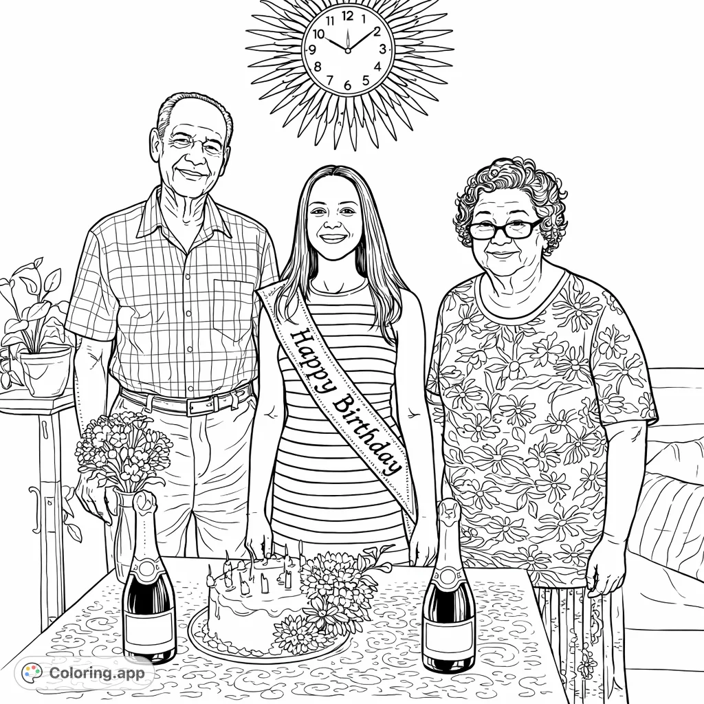 Celebrate a special birthday with this lovely family portrait coloring page. Features three generations, a festive cake, and delightful decorations, perfect for personalizing.