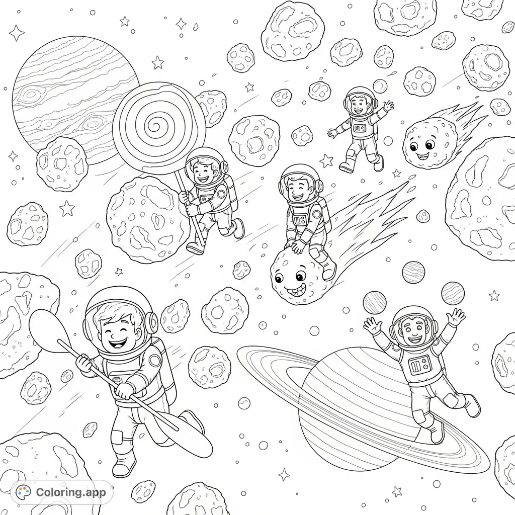 Join comical astronauts in a zero-gravity race through an asteroid belt, featuring a lollipop paddle, friendly comet, and juggling planets. A fun cosmic adventure awaits!