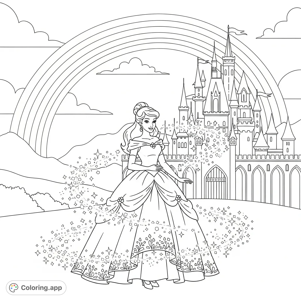 A beautiful princess in a magnificent ballgown surrounded by sparkling magic, with a majestic castle and a vibrant rainbow in the background. Free printable princess coloring page.