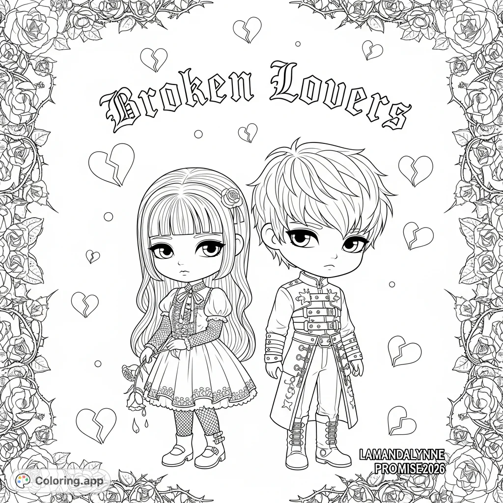 Explore a gothic scene featuring a chibi couple, "Broken Lovers" text, scattered broken hearts, inverted pentagrams, and a thorny rose border.