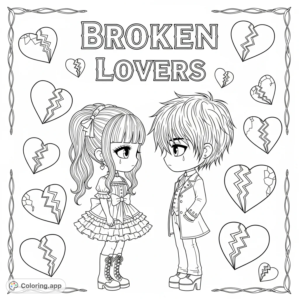A poignant Gothic chibi coloring page featuring a melancholic girl and boy, "Broken Lovers" text, and fractured hearts scattered across a dark, detailed scene.