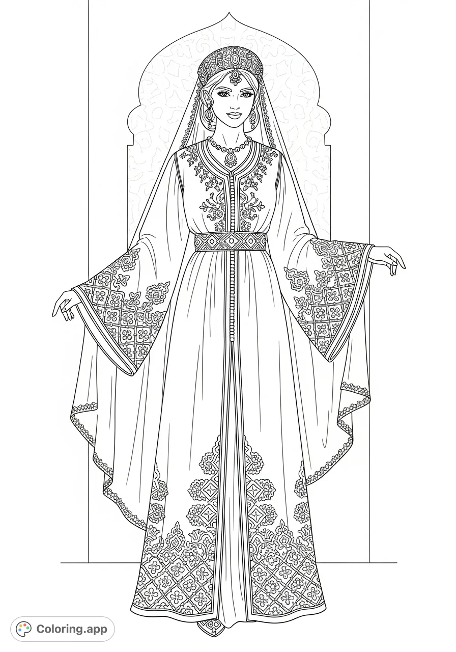 An elegant bride in a beautiful Moroccan caftan, featuring intricate embroidery and traditional jewelry. A cultural celebration for coloring enthusiasts.