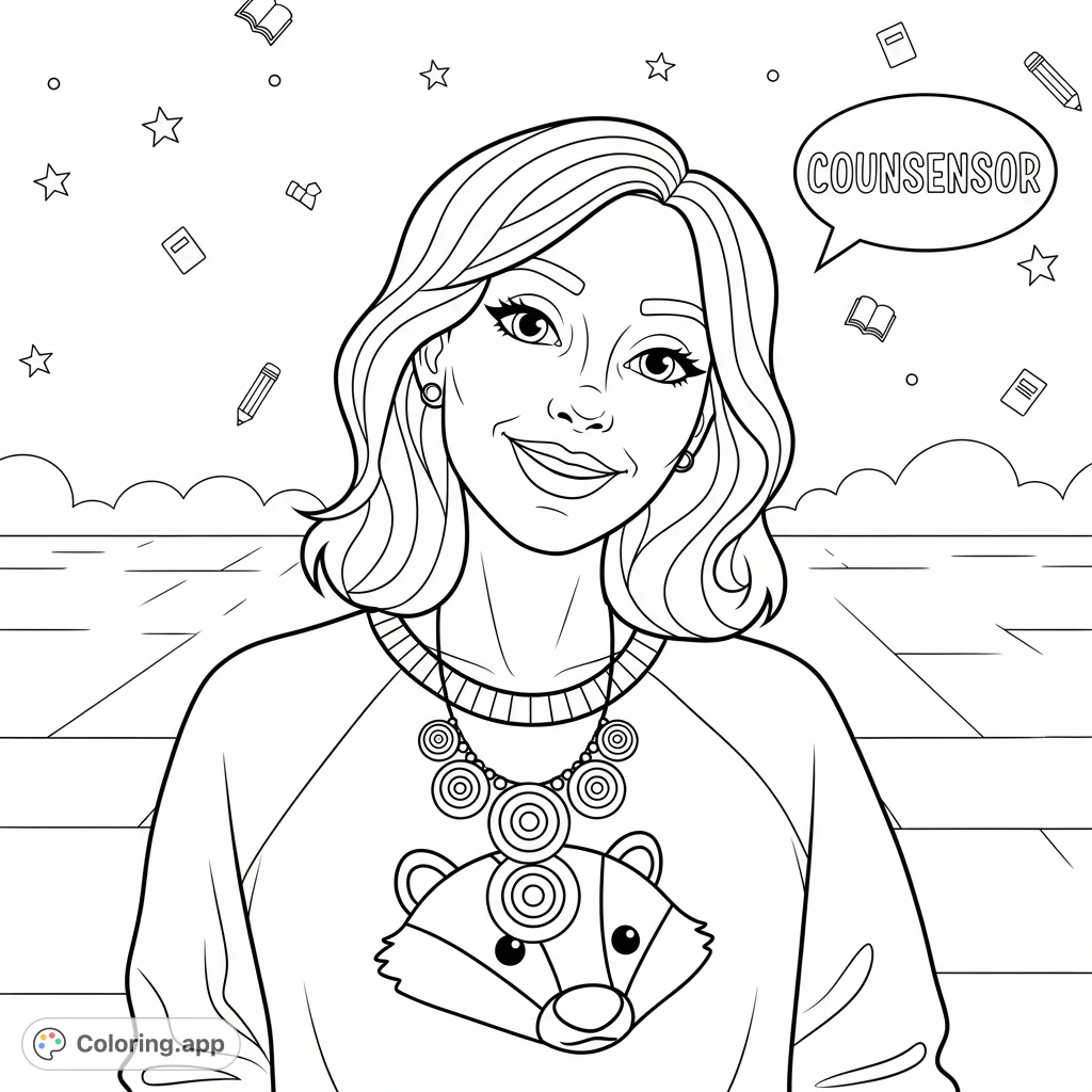 A warm portrait of a smiling woman in a badger sweatshirt and layered necklace. Perfect for a calming coloring session, capturing a friendly connection.