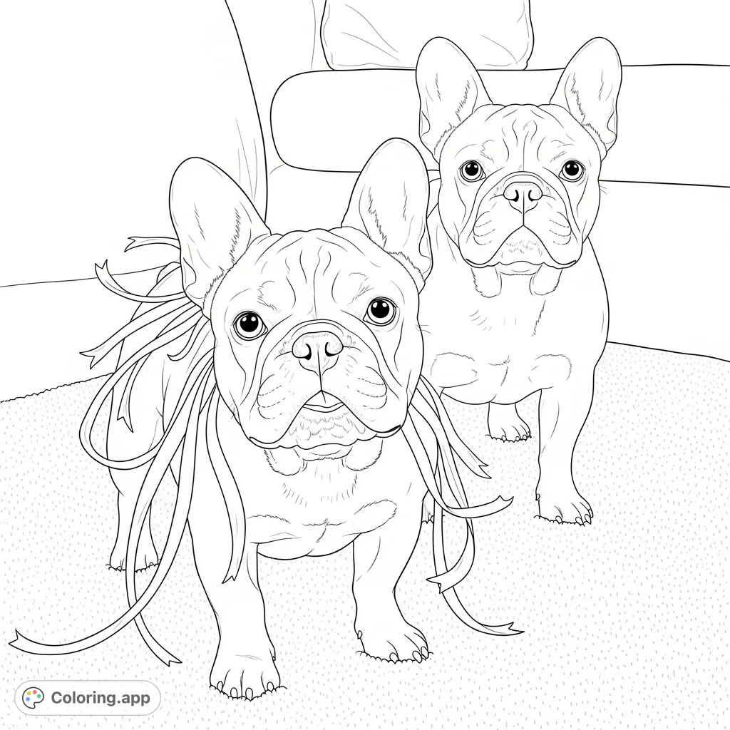 Discover a charming French Bulldog coloring page featuring two expressive pups, one adorned with ribbons, in a cozy indoor setting. Perfect for animal lovers!