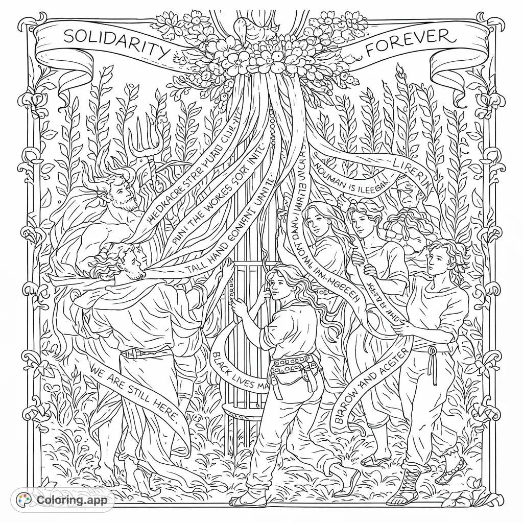 An intricate scene depicting a community of diverse figures engaging with flowing ribbons under a flourishing tree, surrounded by detailed foliage. Perfect for thoughtful coloring.