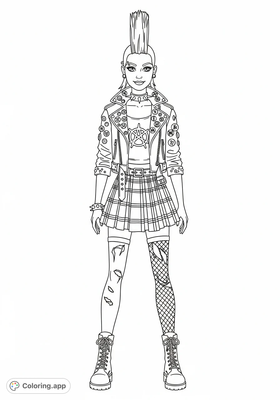 Unleash your inner rebel with this punk Barbie coloring page! Featuring a mohawk, leather jacket, tartan skirt, and bold accessories.