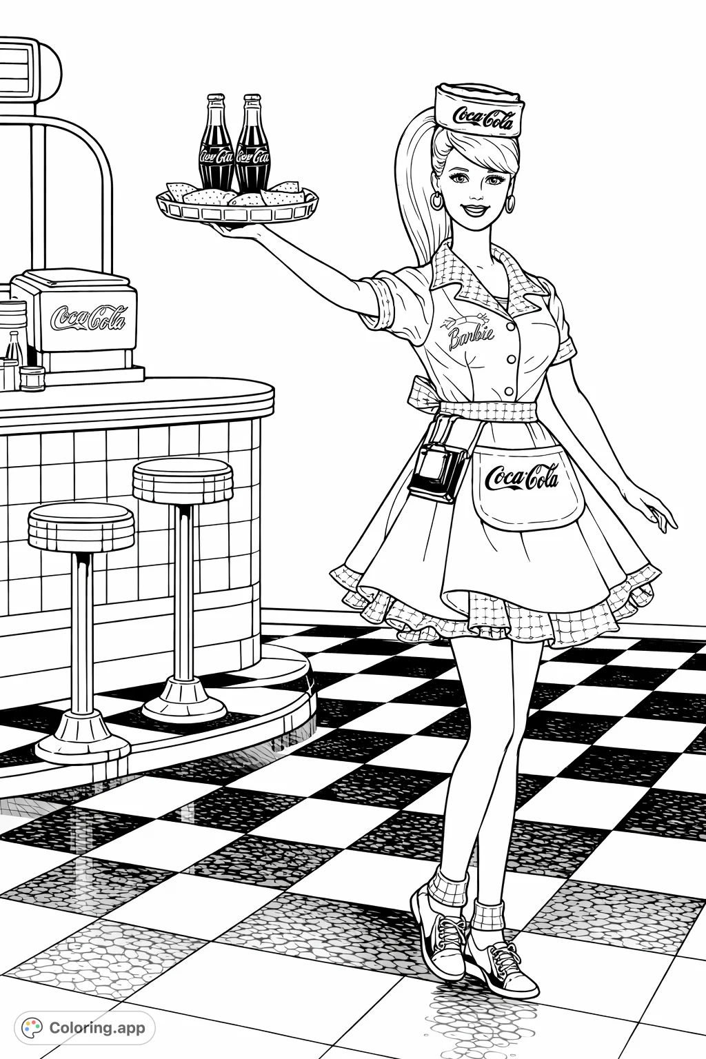 A detailed coloring page featuring a retro diner waitress doll, complete with a serving tray and classic diner background. Perfect for fans of vintage styles.