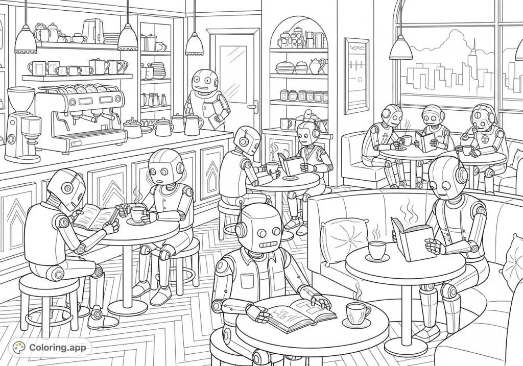 Step into a charming robot café where diverse patrons enjoy books and coffee. A detailed scene perfect for imaginative coloring.