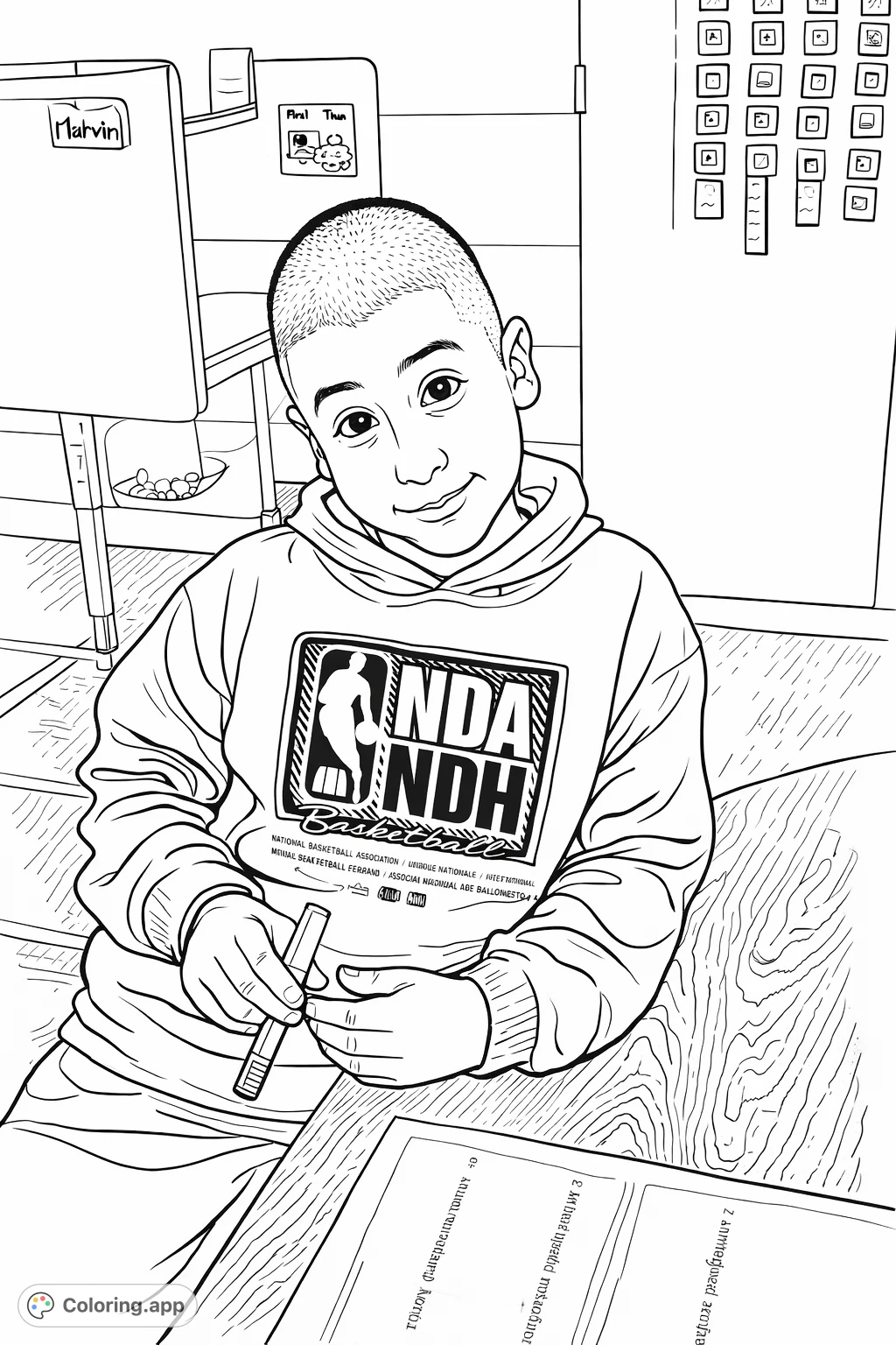 A friendly boy in an NBA hoodie, holding a marker at a classroom desk, ready for a creative coloring adventure. Perfect for young sports fans!