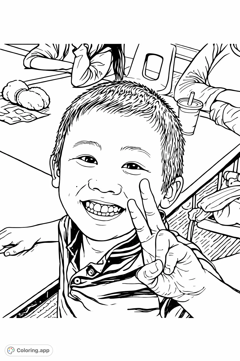 Capture the joy of a smiling boy making a peace sign at a wooden table in this engaging coloring page. Perfect for young artists to express creativity!
