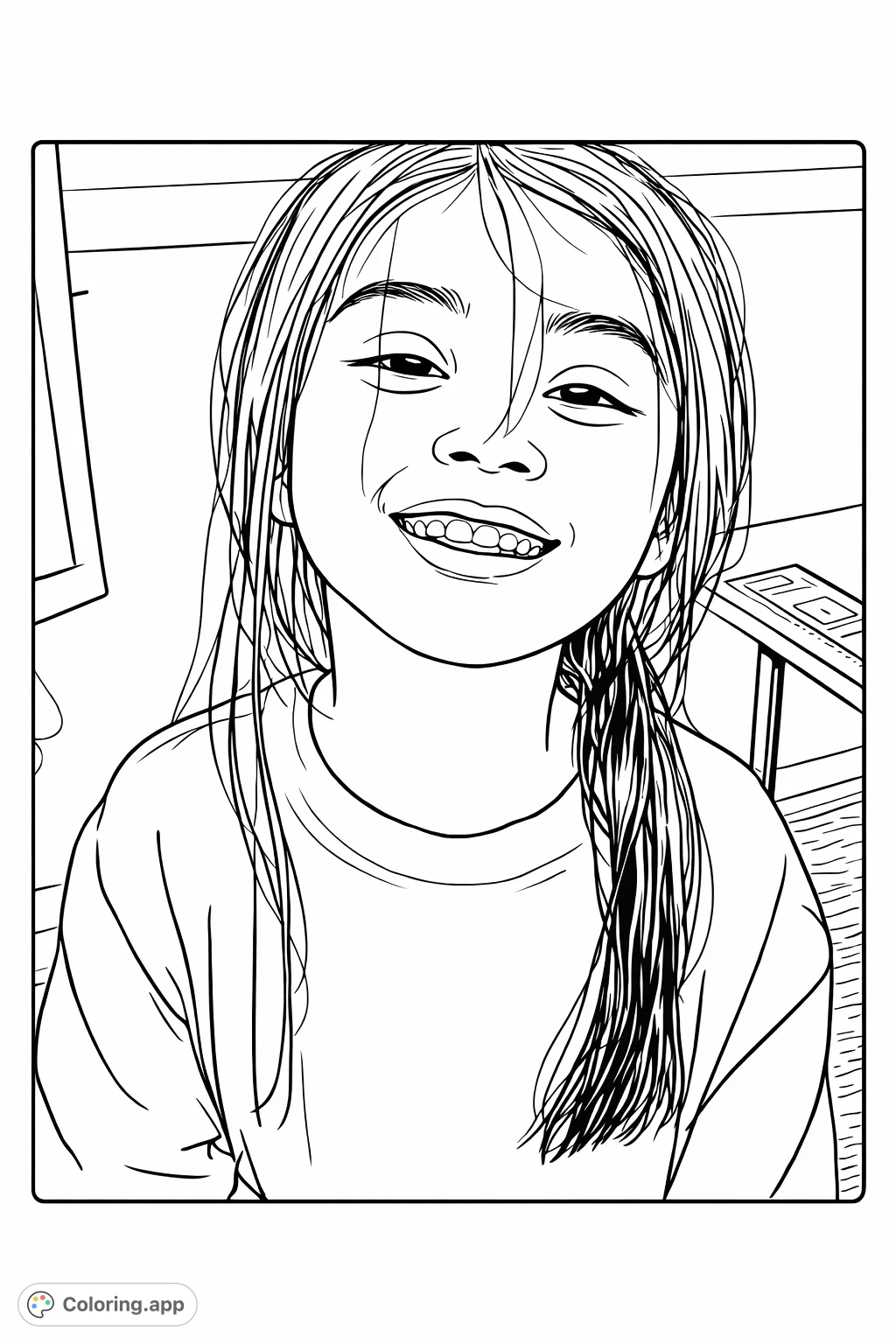 A heartwarming coloring page featuring a smiling young girl with long hair, offering a joyful and engaging portrait for all ages to color.