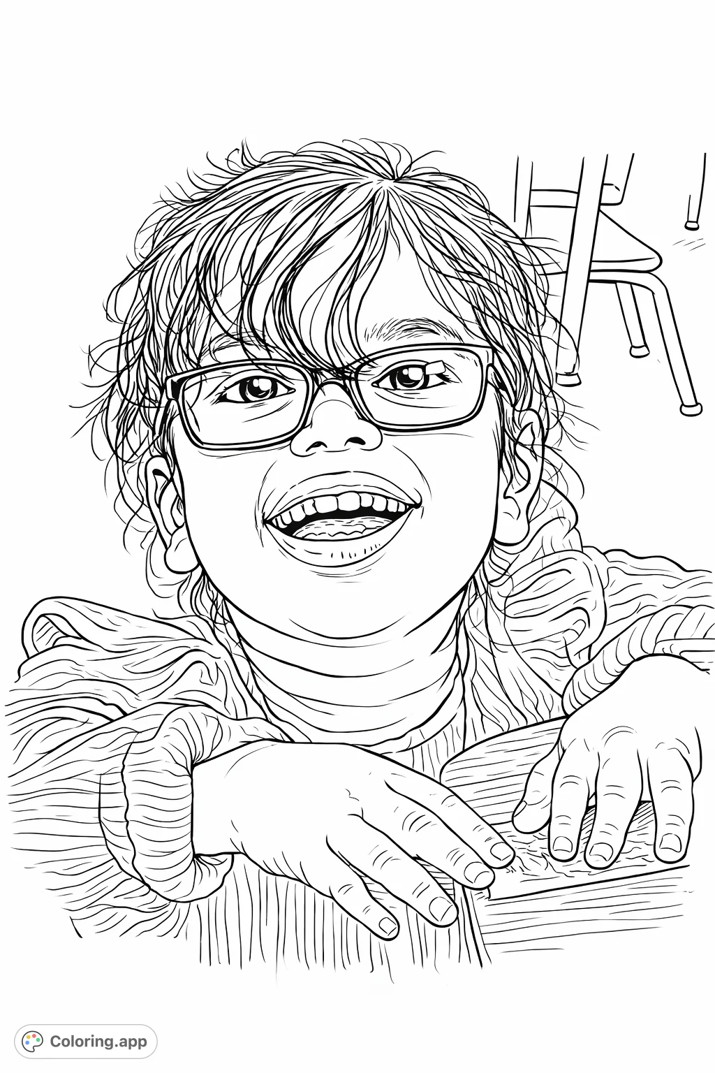 Capture the cheerful spirit of a young child wearing glasses and a ribbed top, hands resting playfully. A heartwarming portrait for creative expression.