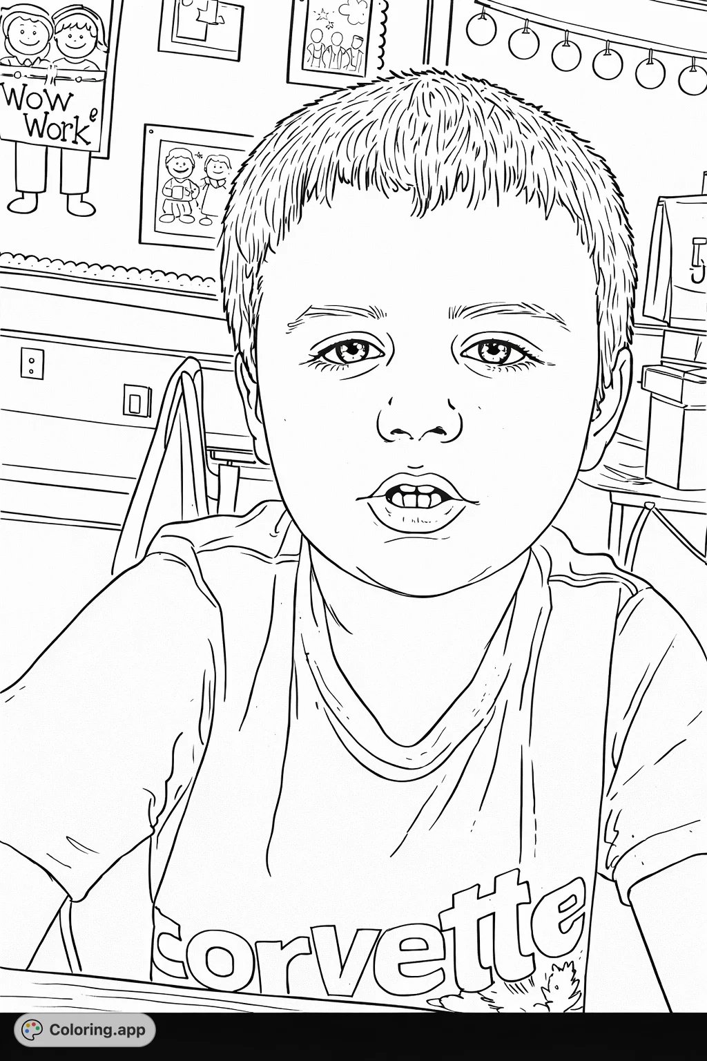 Color a charming portrait of a young boy with expressive eyes and a detailed t-shirt. A fun and engaging activity for all skill levels.