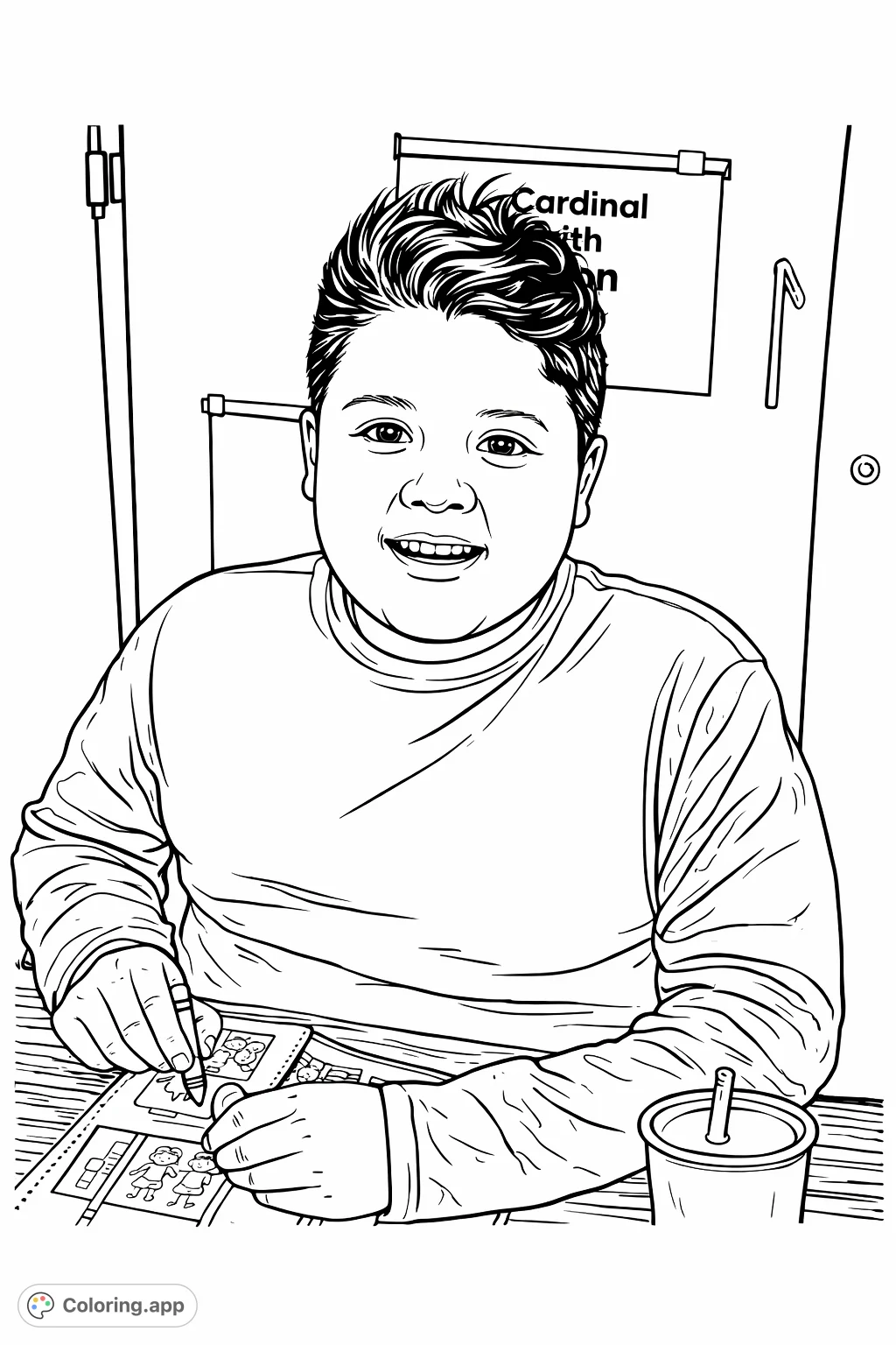 A young student smiles while engaged in a hands-on activity at their desk. This student coloring page captures a moment of learning and creativity.