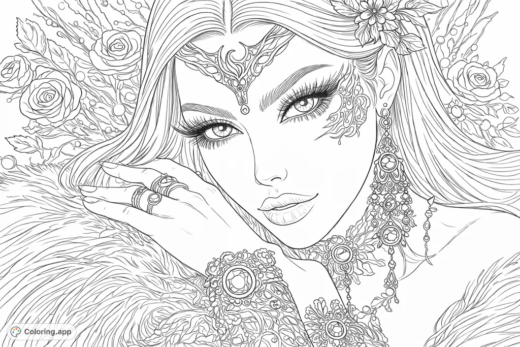 Immerse yourself in coloring an ethereal woman adorned with intricate jewelry, elaborate makeup, and a fantastical headpiece. A detailed and elegant portrait.