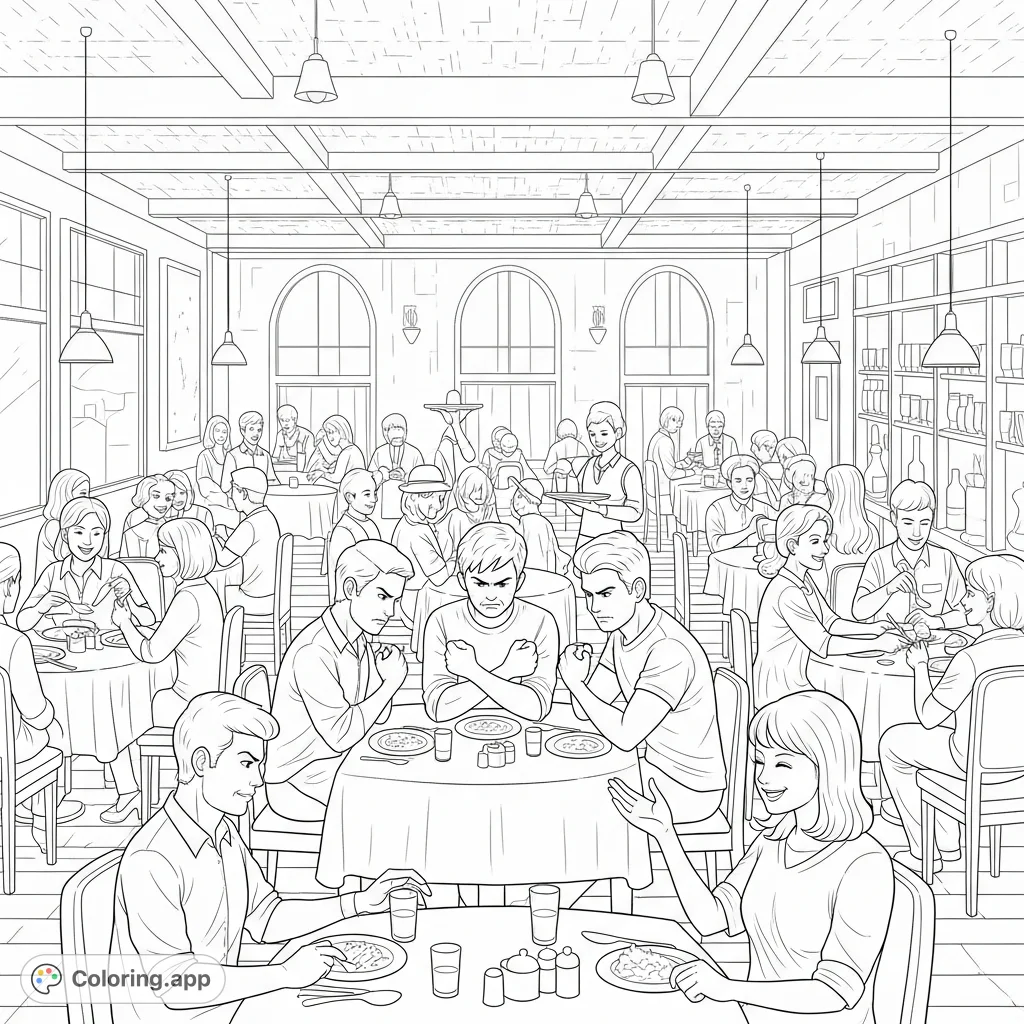 Explore human emotions in this captivating restaurant scene coloring page. A table with a tense discussion contrasts with cheerful diners nearby, offering a unique visual narrative.