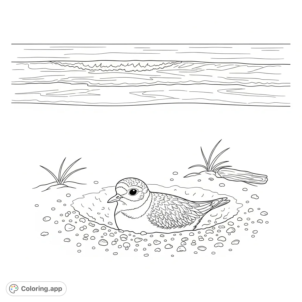 A delicate western snowy plover nestled on a sandy beach. This nature coloring page captures the serene moment of a rare bird in its protective nest by the ocean.