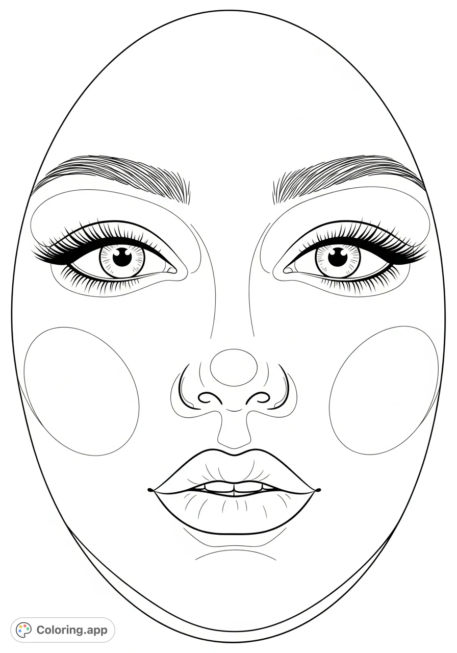 A detailed face chart for practicing everyday makeup looks, featuring clear sections for eyes, brows, cheeks, and lips. Perfect for makeup enthusiasts.