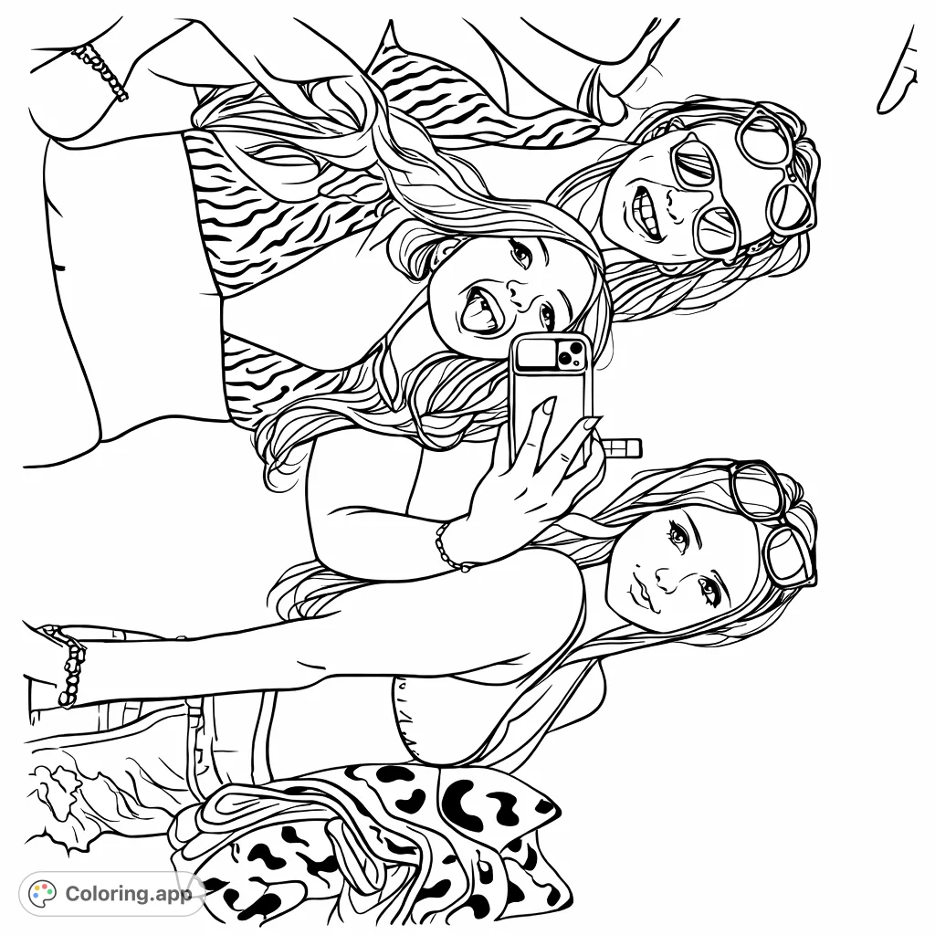 Three friends pose for a playful summer selfie, featuring swimwear, sunglasses, and patterned towels. A fun, modern scene ready for your creative touch!