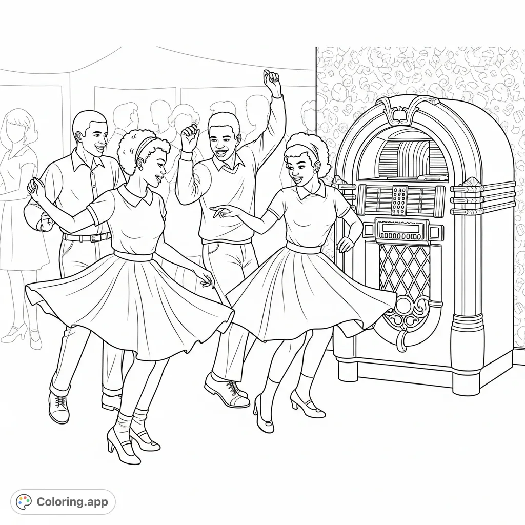 Dive into a vibrant retro sock hop scene! African American teens in poodle skirts dance near a classic jukebox.