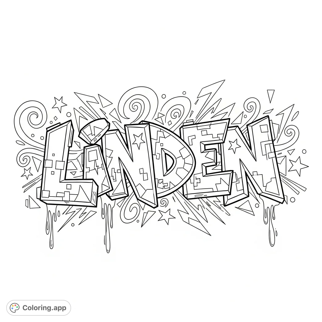 Dynamic 'Linden' graffiti art coloring page featuring bold letters, sharp angles, geometric shapes, stars, drips, and abstract swirls for a cool street art vibe.