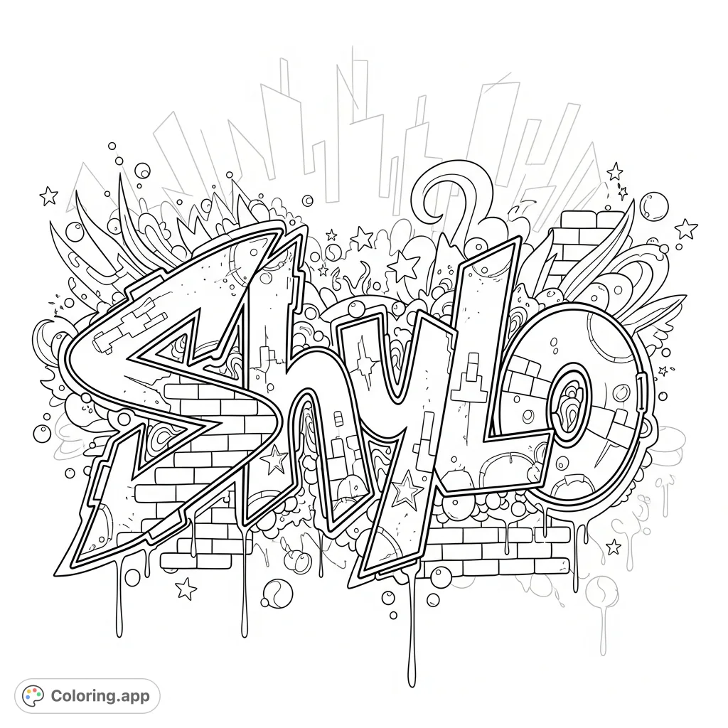 Unleash your creativity with this bold 'Shylo' graffiti coloring page! Features dynamic letters, urban textures, abstract shapes, and street art elements.