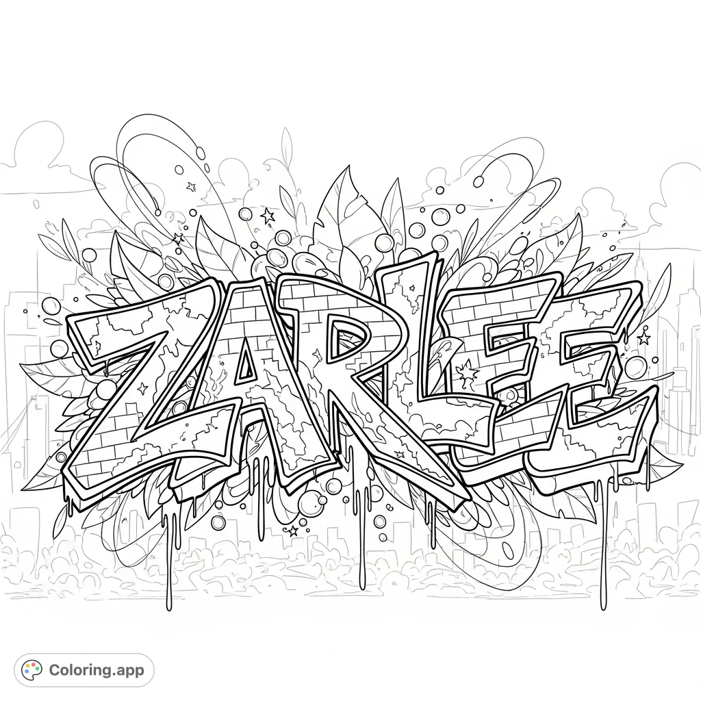 Unleash your creativity on this dynamic "Zarlee" graffiti coloring page. Features elaborate letterforms, urban textures, and a bustling city backdrop.