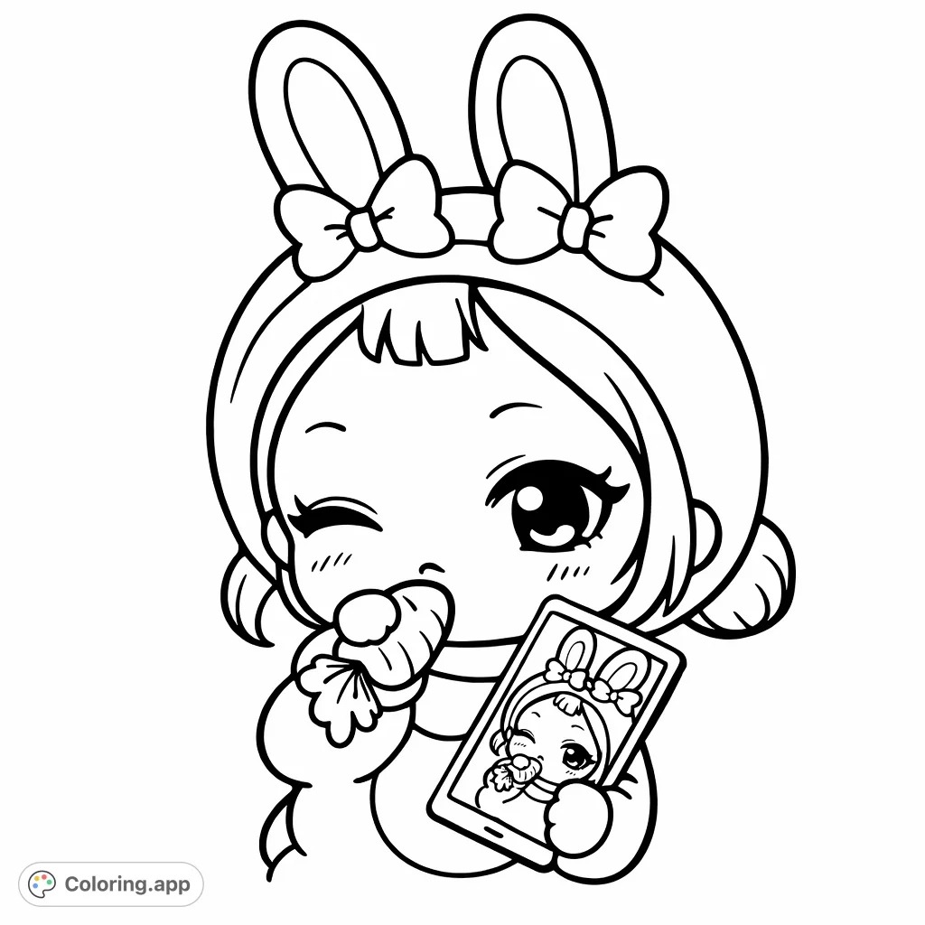 A charming bunny character winks playfully, holding a small carrot and a unique card. This delightful coloring page promises imaginative fun for all ages.