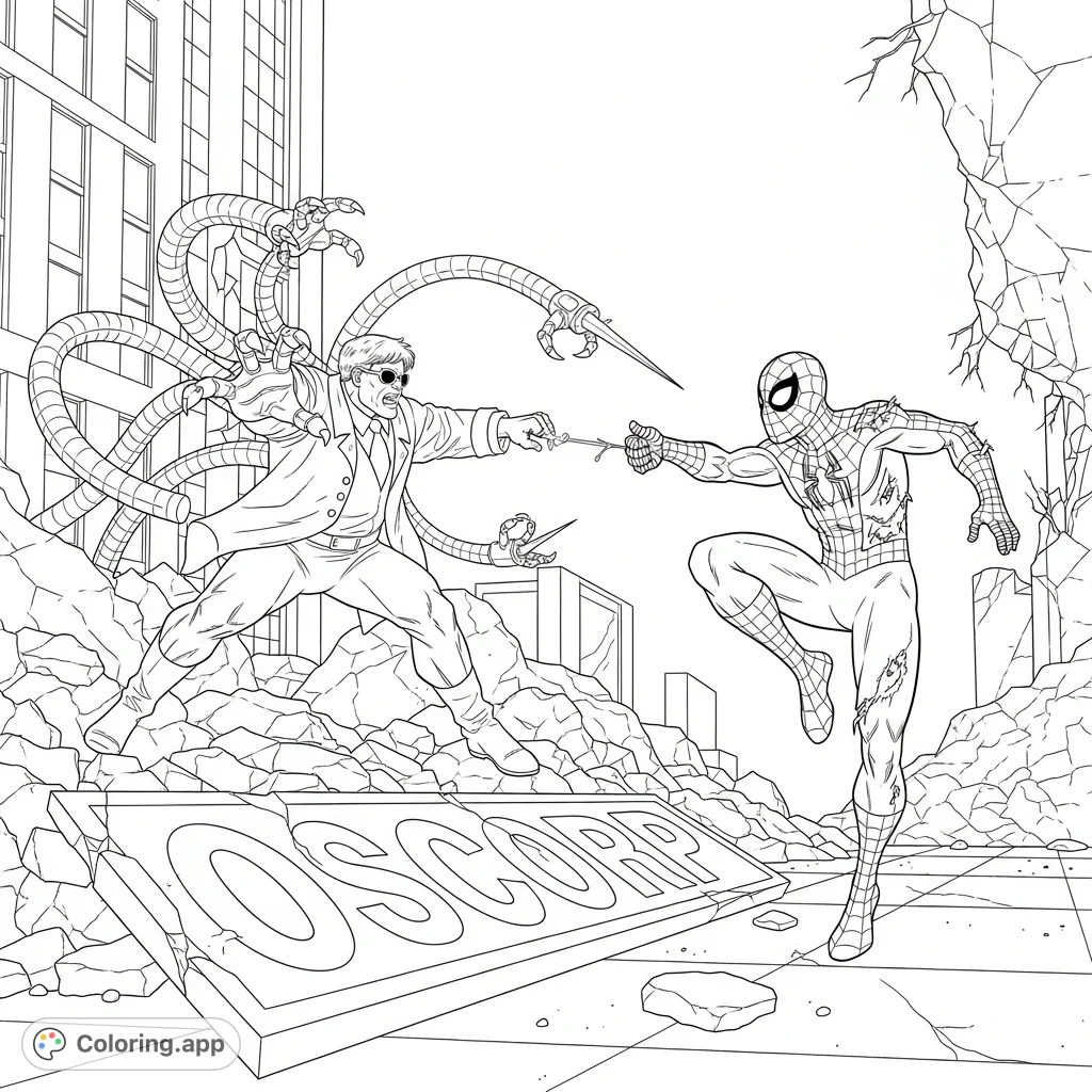 An epic Spider-Man vs. Doc Ock battle unfolds amidst a city in chaos.